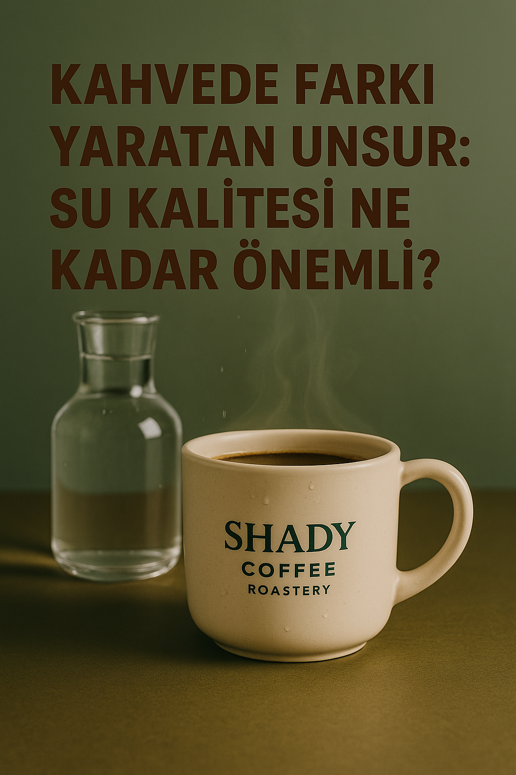 Beyaz porselen bir fincanda Shady logolu filtre kahve; arka planda sade, doğal tonlarda bir mutfak atmosferi.